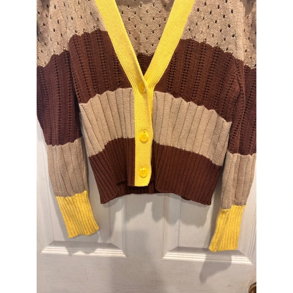 Anthro Calligraphie Womens Striped Puff Sleeve Cardigan Brown Yellow Pointelle L